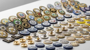 How to Order Custom Badges in Bulk: Complete Guide 1 Bulk custom badges including embroidered, metal, and PVC badges arranged for large order production