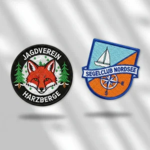 custom-club-sports-embroidered-patches-round Custom embroidered club patches with round and shield badge designs including sports, hunting, and sailing logos