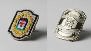 Embroidered vs Metal Badges: Which One Should You Choose? 3 Shiny custom metal badges with engraved details