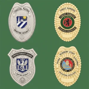 custom-metal-badges-military-police Close-up detail of die-struck metal badge showing precise embossing and enamel filling for military uniforms