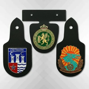 : embossed leather uniform tabs with metal emblems for police fire and military
