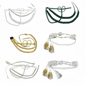 hand-braided-dress-aiguillettes hand-braided dress aiguillettes in silver gold and green for ceremonial uniforms
