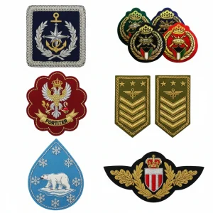close up of hand embroidered military badge showing detailed thread work and stitching quality