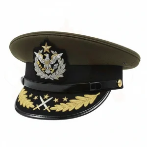 peaked-cap-bullion-embroidery-detail custom dress peaked cap showing detailed bullion wire embroidery and oak leaves on visor