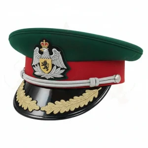 service-cap-metallic-embroidery custom service dress peaked cap showing detailed metallic thread embroidery and braided chinstrap