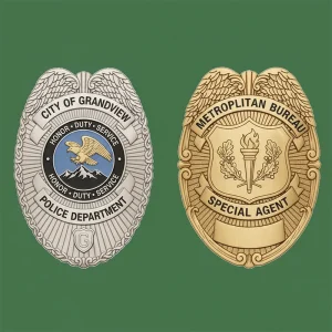 Professional custom metal badges for Army Navy Air Force Police uniforms by Sharko Badge