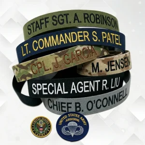 Custom woven name ribbons manufacturer and supplier collection for Army Navy Air Force Police uniforms by Sharko Badge