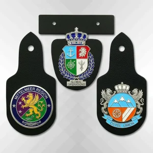 custom uniform pocket tabs with leather base and metal emblems for police fire military